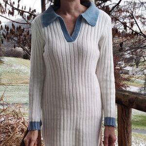 Elegant White and Blue Knit Ribbed Sweater Dress